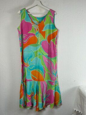 Vintage Sea Suns Womens Sleeveless Abstract Print Ruffle Hem Midi Dress Blue
